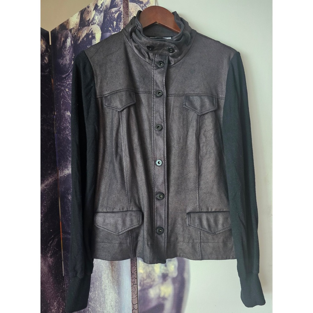 Lola & Sophie New York Jacket XL Faux Leather Knit Sleeve Button Up Moto - Picture 2 of 6